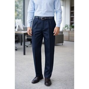 Haggar Iron Free Dress Pants 34x32 Dark Navy Pleated Classic Fit Expand Waist